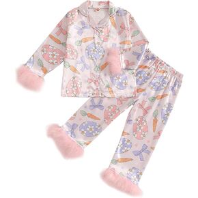 Kids Toddler Girl Easter Pajamas Bunny&Bow Button Down Fuzzy Shirts Pants Little Girls Easter Satin Silk Pajama Set