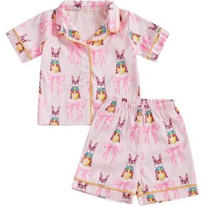 MAINESAKA Toddler Baby Girls Easter Pajamas 2 Piece Bunny Pjs Set Short Sleeve Button Down Top And Shorts Summer Sleepwear