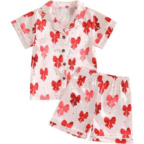 Kuriozud Toddler Kids Little Girls Summer Satin Pajamas Satin Silky Pjs Set Short Sleeve Button Down Nightwear Sleepwear