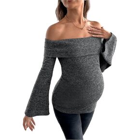 MakeMeChic Women's Maternity Off The Shoulder Bell Sleeve Tee Shirt Tops