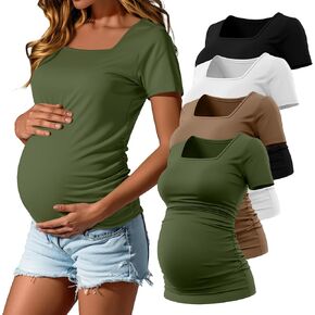4 حزمة قمصان الأمومة للسيدات قمم الحمل مربعة الحمل على جانب الأكمام قصيرة الأكمام المحملات القطن ماما ماما (أسود ، أخضر الجيش ، الأبيض ، الكاكي ، المتوسط)