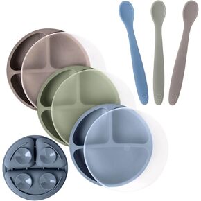 WeeSprout 3 Suction Plates with Lids & 3 Soft-Tip Spoons Bundle - Complete Mealtime Set - Silicone Baby Dinnerware - Divided Toddler Plates - Microwave & Dishwasher Safe