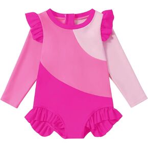 WISREMT Toddler Girl UPF 50+ Rash Guard Swimwear Baby Kids Sun Protection Long Sleeve One Piece Swimsuit UV Bathing Suit 1-4T