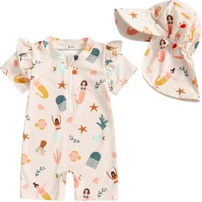 Infant Baby Boy Girls One Piece Swimsuit Short Sleeve Zipper Rash Guard Swimwear Toddler Bathing Suits Beachwear (Beige, 12-18 Months)
