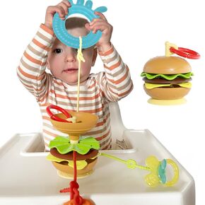 Hamburger Suction Cup Toys Holder for High Chair, Stroller Toys for Babies 6-12 Months & Toddlers, 3 Tethers Keep from Falling, Great for Restaurant & Car Seat Airplane Travel