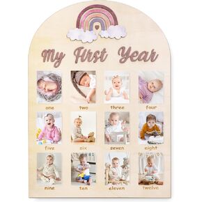 Whaline My First My First Baby Growth Photo Display Wood Board 12 شهرًا لوحة معلمة Boho Rainbow Photo Frame Board for First Birthday Decory Decory تذكار الطفل