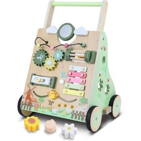 Wooden Baby Walker with Wheels,Toddler Push and Pull Walker Montessori Multiple Activity Center with Shape Sorting Grocery Toy and Puzzles Push Cart for Boys Girls 6-12 Months 1 2 3 Years Old (Fruit)