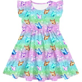 Girl's Summer Dress Ruffle Sleeve A-line Tiered Swing Casual Cute Twirl Sundress for 2-6 Years