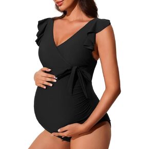 Summer Mae Ruffle Sleeves Maternity Swimsuit One Piece V-Neck Pregnancy Bathing Suits Wrap Tie Side Ruched Swimwear for Women