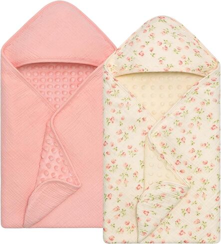 Baby Bath Towels for Newborn 100% Muslin Cotton and Minky Dot Fabric Neutral Hooded Baby Towels Set 2 Pack for Boys Girls Ultra Soft and Absorbent 30 x 30 Inch Pink & Tulip in Saudi Arabia