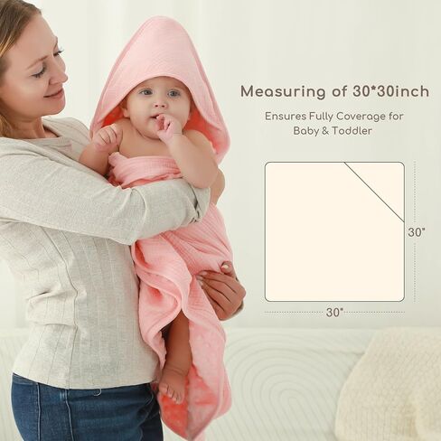 Baby Bath Towels for Newborn 100% Muslin Cotton and Minky Dot Fabric Neutral Hooded Baby Towels Set 2 Pack for Boys Girls Ultra Soft and Absorbent 30 x 30 Inch Pink & Tulip in Saudi Arabia
