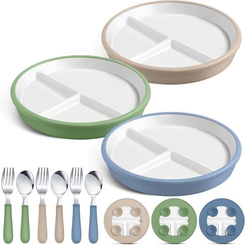 3 Pack 8" Large Porcelain Toddler Plates Feeding Set, Ceramic Kids Suction Plates with Anti Slip Silicone Sleeve for Baby 3 Spoons and Forks Divided Kids (Blue,Green,Beige) in Kuwait