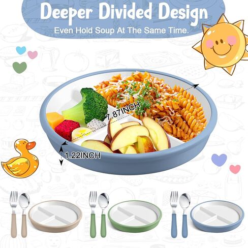 3 Pack 8" Large Porcelain Toddler Plates Feeding Set, Ceramic Kids Suction Plates with Anti Slip Silicone Sleeve for Baby 3 Spoons and Forks Divided Kids (Blue,Green,Beige) in Kuwait
