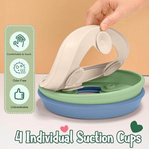 3 Pack 8" Large Porcelain Toddler Plates Feeding Set, Ceramic Kids Suction Plates with Anti Slip Silicone Sleeve for Baby 3 Spoons and Forks Divided Kids (Blue,Green,Beige) in Kuwait