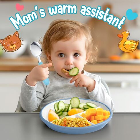 3 Pack 8" Large Porcelain Toddler Plates Feeding Set, Ceramic Kids Suction Plates with Anti Slip Silicone Sleeve for Baby 3 Spoons and Forks Divided Kids (Blue,Green,Beige) in Kuwait