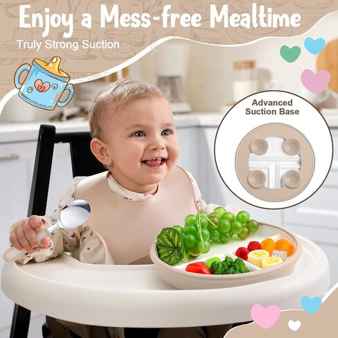 3 Pack 8" Large Porcelain Toddler Plates Feeding Set, Ceramic Kids Suction Plates with Anti Slip Silicone Sleeve for Baby 3 Spoons and Forks Divided Kids (Blue,Green,Beige) in Kuwait