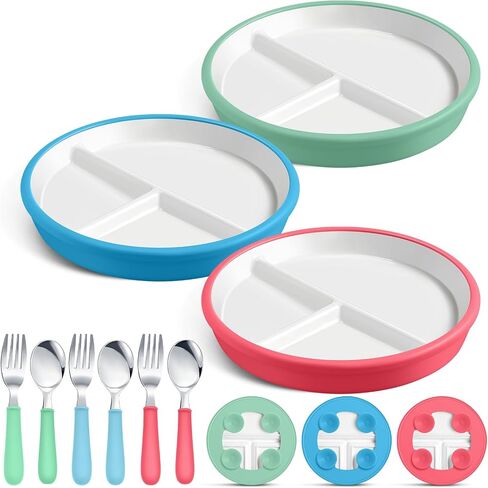 3 Pack 8" Large Porcelain Toddler Plates Feeding Set, Ceramic Kids Suction Plates with Anti Slip Silicone Sleeve for Baby 3 Spoons and Forks Divided Kids (Blue,Green,Beige) in Kuwait