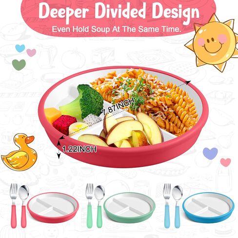 3 Pack 8" Large Porcelain Toddler Plates Feeding Set, Ceramic Kids Suction Plates with Anti Slip Silicone Sleeve for Baby 3 Spoons and Forks Divided Kids (Blue,Green,Beige) in Kuwait
