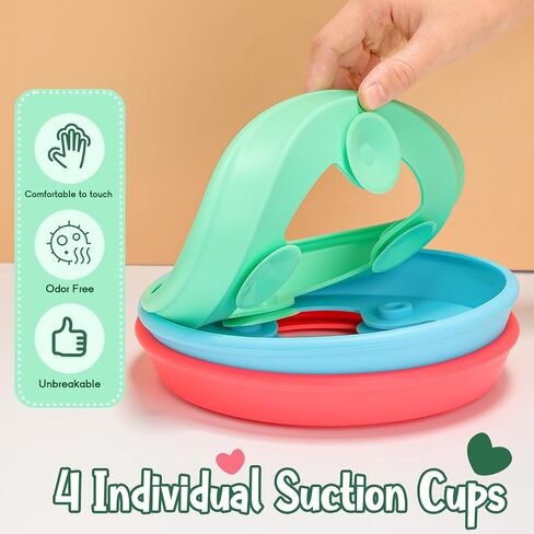 3 Pack 8" Large Porcelain Toddler Plates Feeding Set, Ceramic Kids Suction Plates with Anti Slip Silicone Sleeve for Baby 3 Spoons and Forks Divided Kids (Blue,Green,Beige) in Kuwait