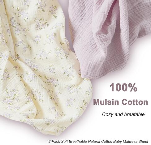 Zdolmy Muslin Crib Sheets for Girl Boy, 2 Pack 100% Cotton Crib Sheet for Standard Crib Mattress(28"x 52"), Fitted and Soft Breathable Crib Mattress Sheet, 360° Wrapping (Cream & Rainbow) in Kuwait