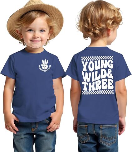 BOUTIKOME Young Wild and Three Birthday Boy Shirt 3rd Birthday Outfit 3 Year Old Boy T-Shirt Third B-Day Party Tees Tops in Saudi Arabia