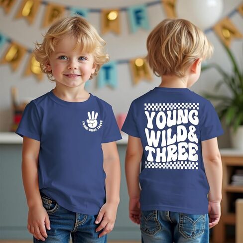 BOUTIKOME Young Wild and Three Birthday Boy Shirt 3rd Birthday Outfit 3 Year Old Boy T-Shirt Third B-Day Party Tees Tops in Saudi Arabia