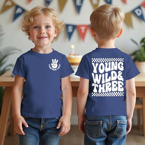 BOUTIKOME Young Wild and Three Birthday Boy Shirt 3rd Birthday Outfit 3 Year Old Boy T-Shirt Third B-Day Party Tees Tops in Saudi Arabia