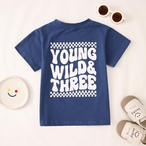 BOUTIKOME Young Wild and Three Birthday Boy Shirt 3rd Birthday Outfit 3 Year Old Boy T-Shirt Third B-Day Party Tees Tops in Saudi Arabia