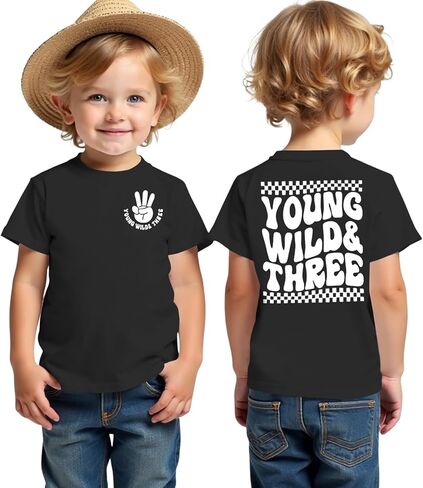 BOUTIKOME Young Wild and Three Birthday Boy Shirt 3rd Birthday Outfit 3 Year Old Boy T-Shirt Third B-Day Party Tees Tops in Saudi Arabia