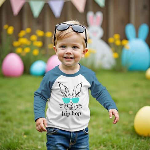Toddler Baby Boys Easter Shirt Funny Hip Hop Bunny with Sunglasses T-Shirt Long Sleeve Easter Rabbit Graphic Top in Saudi Arabia