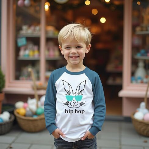 Toddler Baby Boys Easter Shirt Funny Hip Hop Bunny with Sunglasses T-Shirt Long Sleeve Easter Rabbit Graphic Top in Saudi Arabia