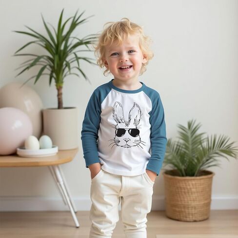 Easter Bunny T-Shirt for Toddler Boys Sunglasses Rabbit Shirts Raglan Sleeve Funny Graphic Tees Tops 1-6 Years in Kuwait