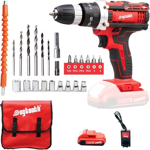 DOGTOOTH 21V MAX Cordless Battery Powered Drill Driver, 1* Battery and Charger, 2 Variable Speed, Build-in LED Lights, 43 Bits Storage Kit - Green in Kuwait