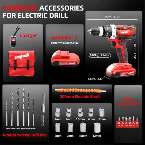 DOGTOOTH 21V MAX Cordless Battery Powered Drill Driver, 1* Battery and Charger, 2 Variable Speed, Build-in LED Lights, 43 Bits Storage Kit - Green in Kuwait