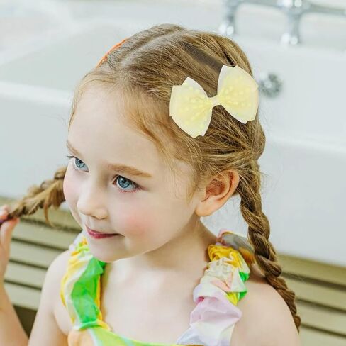 Tiny 3 Inch Dot Organza Double Hair Bow Clips - Cute Lined Boutique Alligator Hairpin for Girls, Toddlers, and Little Teens - Kids Barrettes Set of 2 Small Stylish (Yellow) in Saudi Arabia