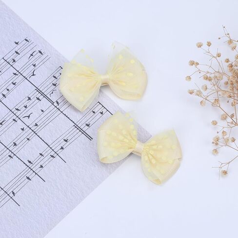 Tiny 3 Inch Dot Organza Double Hair Bow Clips - Cute Lined Boutique Alligator Hairpin for Girls, Toddlers, and Little Teens - Kids Barrettes Set of 2 Small Stylish (Yellow) in Saudi Arabia