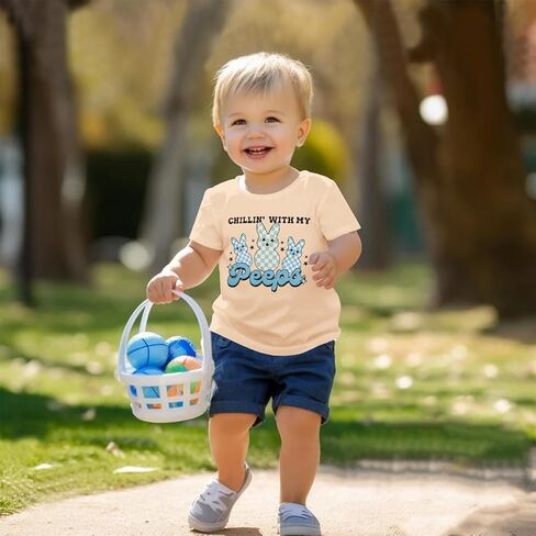 CM C&M WODRO Toddler Baby Boy Chillin' with My Peeps T-Shirt Kid Funny Easter Checkered Bunny Print Tees Short Sleeve Shirt in Saudi Arabia