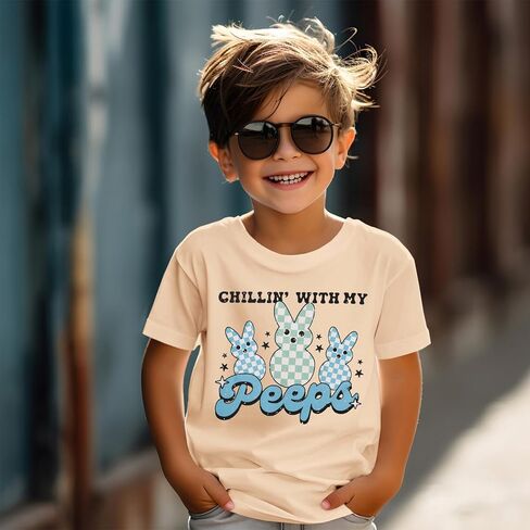 CM C&M WODRO Toddler Baby Boy Chillin' with My Peeps T-Shirt Kid Funny Easter Checkered Bunny Print Tees Short Sleeve Shirt in Saudi Arabia