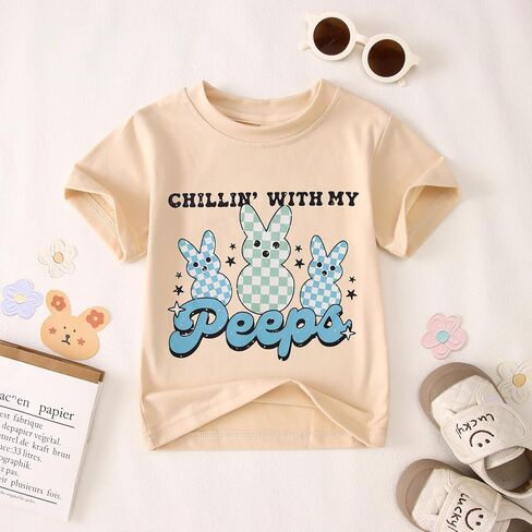 CM C&M WODRO Toddler Baby Boy Chillin' with My Peeps T-Shirt Kid Funny Easter Checkered Bunny Print Tees Short Sleeve Shirt in Saudi Arabia