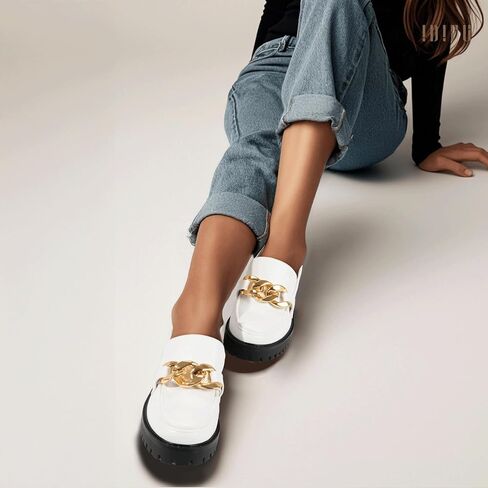 IDIFU IN2 Platform Loafers for Women Dressy with Metal Chain Slip On Low Chunky Block Lug Sole Heeled Penny Loafers Comfort Closed Round Toe Dress Shoes Office Work Business Casual Fall Loafers Shoes in Saudi Arabia