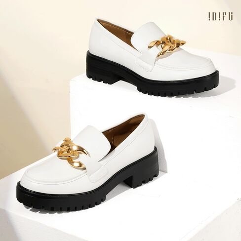 IDIFU IN2 Platform Loafers for Women Dressy with Metal Chain Slip On Low Chunky Block Lug Sole Heeled Penny Loafers Comfort Closed Round Toe Dress Shoes Office Work Business Casual Fall Loafers Shoes in Saudi Arabia