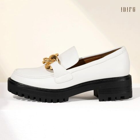 IDIFU IN2 Platform Loafers for Women Dressy with Metal Chain Slip On Low Chunky Block Lug Sole Heeled Penny Loafers Comfort Closed Round Toe Dress Shoes Office Work Business Casual Fall Loafers Shoes in Saudi Arabia