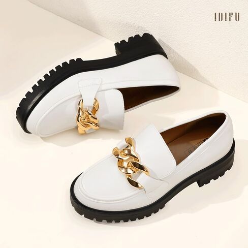 IDIFU IN2 Platform Loafers for Women Dressy with Metal Chain Slip On Low Chunky Block Lug Sole Heeled Penny Loafers Comfort Closed Round Toe Dress Shoes Office Work Business Casual Fall Loafers Shoes in Saudi Arabia