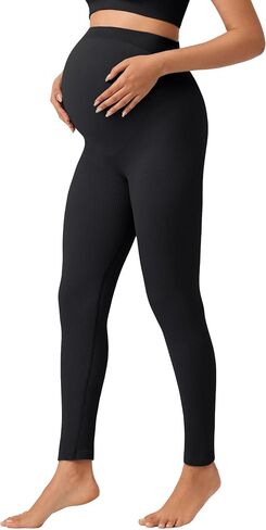 Angelhood High Waisted Maternity Ribbed Over The Belly Leggings for Women, Seamless Workout Leggings Yoga Athletic Pants in Saudi Arabia