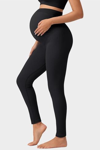 Angelhood High Waisted Maternity Ribbed Over The Belly Leggings for Women, Seamless Workout Leggings Yoga Athletic Pants in Saudi Arabia