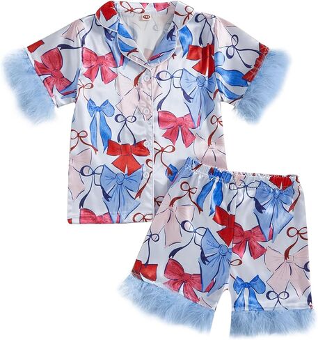 Kuriozud Toddler Girl 4th of July Silk Satin Pajama Set Baby Fourth of July Pjs Girl Feather Trim Sleeve Nightgown Pjs in Saudi Arabia