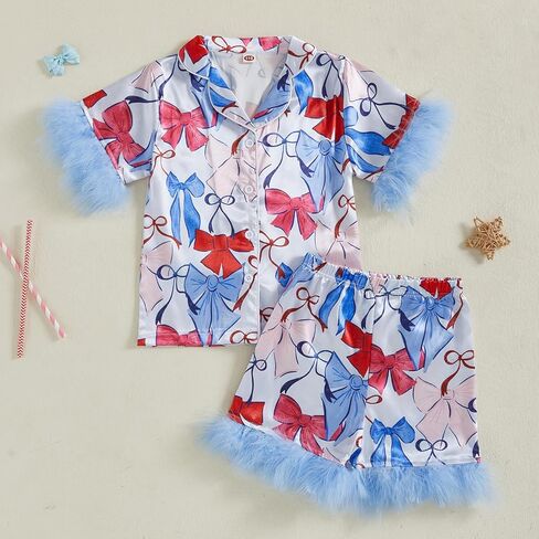 Kuriozud Toddler Girl 4th of July Silk Satin Pajama Set Baby Fourth of July Pjs Girl Feather Trim Sleeve Nightgown Pjs in Saudi Arabia