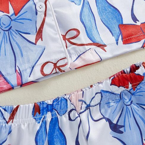 Kuriozud Toddler Girl 4th of July Silk Satin Pajama Set Baby Fourth of July Pjs Girl Feather Trim Sleeve Nightgown Pjs in Saudi Arabia