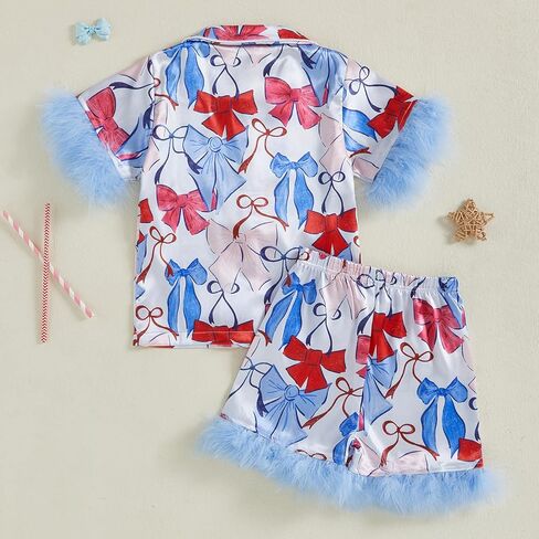 Kuriozud Toddler Girl 4th of July Silk Satin Pajama Set Baby Fourth of July Pjs Girl Feather Trim Sleeve Nightgown Pjs in Saudi Arabia
