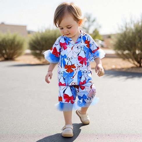 Kuriozud Toddler Girl 4th of July Silk Satin Pajama Set Baby Fourth of July Pjs Girl Feather Trim Sleeve Nightgown Pjs in Saudi Arabia